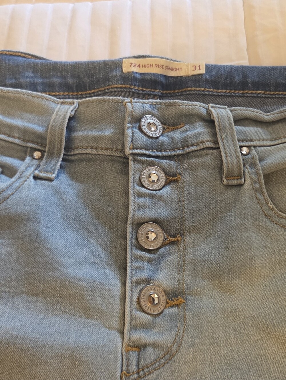 Levis 724 High-Rise Straight Light Blue Button-Fly Jeans With Rhinestones
